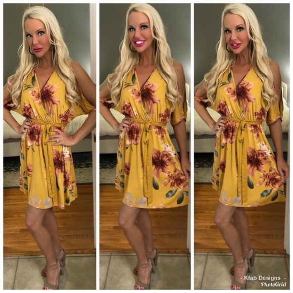 🥰LAST 1! Mustard Tie Dress w/Sleeve Cut Out! - Picture 2 of 4